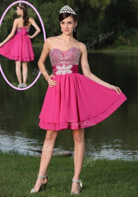 Inexpensive Short Sweetheart Beading Dama Dresses in Hot Pink