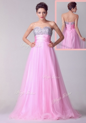 Lovely A Line Brush Train Rose Pink Fashion Evening Dresses with Beading for Spring