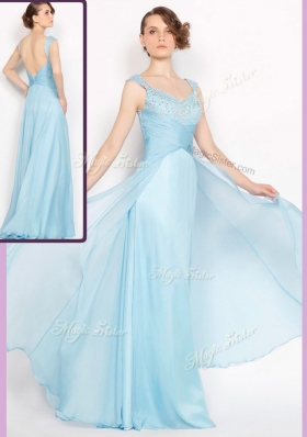 New Style Empire Brush Train Light Blue Discount Evening Gowns with Beading