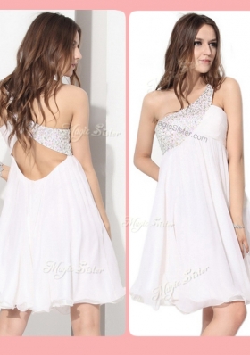 Pretty Short One Shoulder Beading Dama Dresses in White