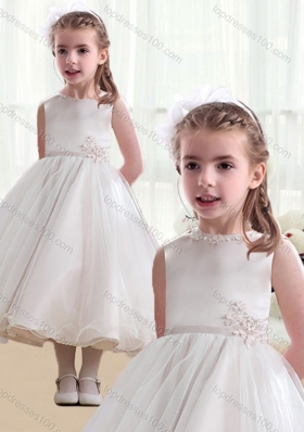New Arrival  Bateau Appliques Flower Girl Dresses with Tea Length
