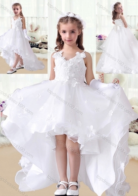 New Arrival V Neck Appliques High Low White Flower Girl Dresses