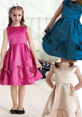 New Arrival Bateau Knee Length Satin Flower Girl Dresses with Bowknot