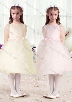New Arrival Scoop Flower Girl Dresses with Ruffles and Bowknot