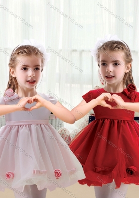 New Arrival Scoop Mini Length Short Sleeves Little Girl Dress with Bowknot