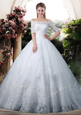 Elegant Ball Gown Off the Shoulder Lace Chapel Train Wedding Dresses with Half Sleeves
