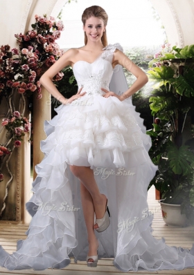 Inexpensive One Shoulder High Low Wedding Dresses with Ruffled Layers