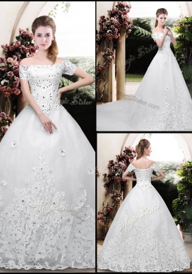 Perfect Off the Shoulder Appliques Wedding Dresses with Cap Sleeves