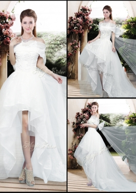Pretty Appliques and Bowknot High Low Wedding Dresses with Cap Sleeves