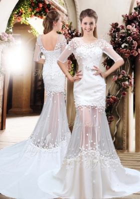 Exquisite Column Scoop Brush Train Appliques Wedding Dresses with Half Sleeves