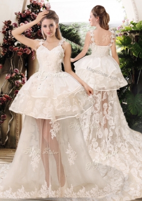 Latest Appliques Straps Wedding Dresses with Brush Train