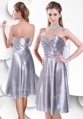 2016 Best Empire Elastic Woven Satin Silver Bridesmaid Dresses with Beading and Ruching