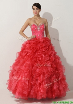 2016 Luxurious Princess Red Quinceanera Gown with Beading and Ruffles for Spring