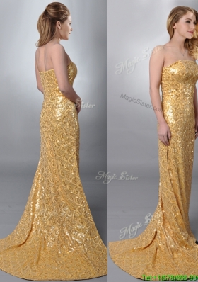 Luxurious Column Strapless Sequined Gold Prom Dress with Brush Train