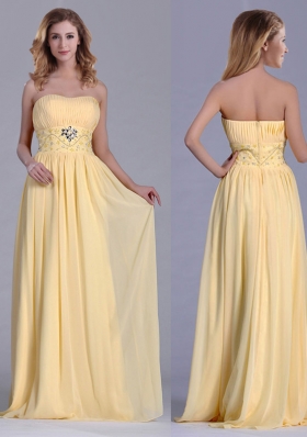 2016 Lovely Empire Yellow Long Dama Dress with Beading and Ruching