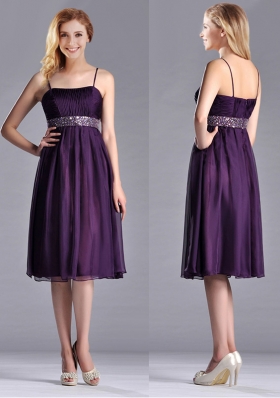 2016 Modest Spaghetti Straps Beaded Chiffon Short Dama Dress in Purple
