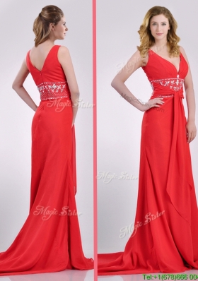 Beautiful V Neck Brush Train Chiffon Beaded Prom Dress in Coral Red