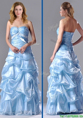 Column Sweetheart Long Light Blue Beaded Ruched Prom Dress in Organza