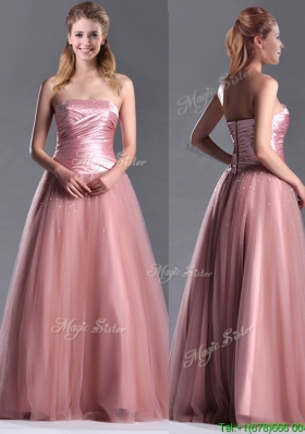 Elegant A Line Tulle Beaded Long Prom Dress in Peach