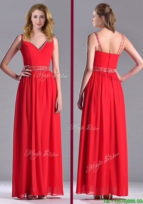 Fashionable V Neck Ankle Length Prom Dress with Beaded Decorated Waist