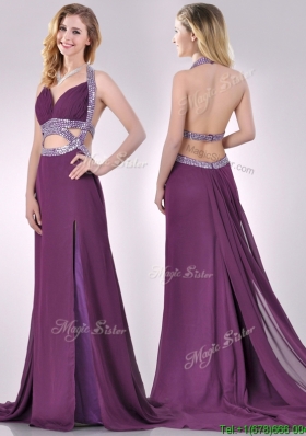 Gorgeous Cut Out Waist Halter Top Prom Dress with Brush Train