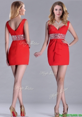 Hot Sale Beaded Decorated Waist V Neck Prom Dress in Red