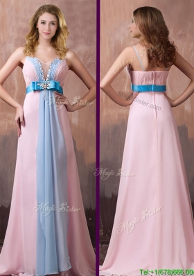 New Style Spaghetti Straps Beaded and Bowknot Prom Dress with Brush Train