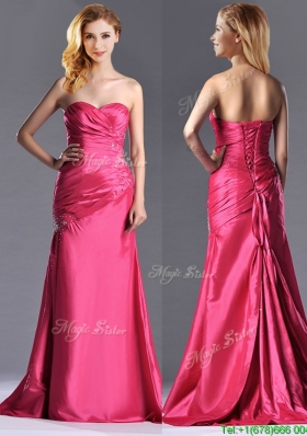 Pretty Beaded and Ruched Coral Red Column Prom Dress with Brush Train