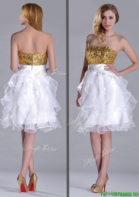 Classical Organza Sequined and Ruffled Christmas Party Dress in White and Gold