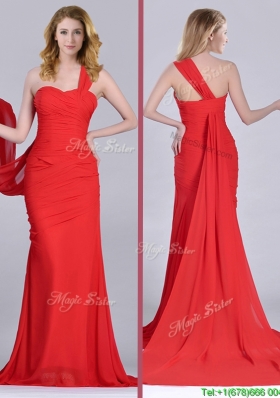 Column One Shoulder Watteau Train Coral Red Christmas Party  Dress with Side Zipper