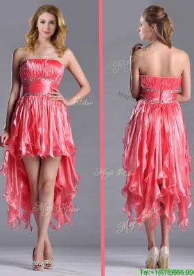 Elegant Strapless High Low Beaded Decorated Waist Christmas Party Dress in Coral Red