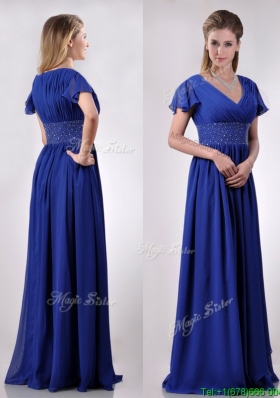 Low Price V Neck Beaded Blue Long Prom Dress with Short Sleeves