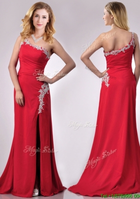 Luxurious Beaded Decorated One Shoulder and High Slit Christmas Party Dress with Brush Train