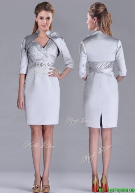 Popular Column Belted with Beading Silver Prom Dress with V Neck