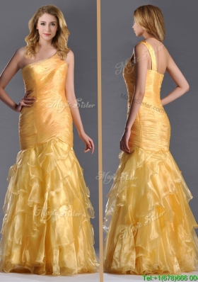 Elegant Mermaid One Shoulder Organza Ruffled Prom Dress in Gold
