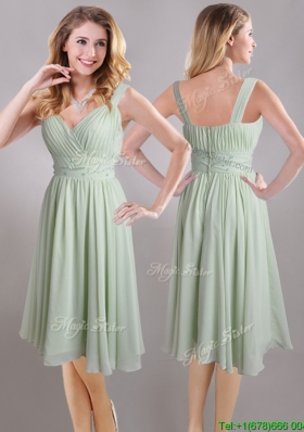 Exclusive Beaded and Ruched Apple Green V Neck Bridesmaid Dress in Chiffon