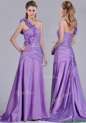 Lovely Brush Train Lilac Prom Dress with Hand Made Flowers Decorated One Shoulder