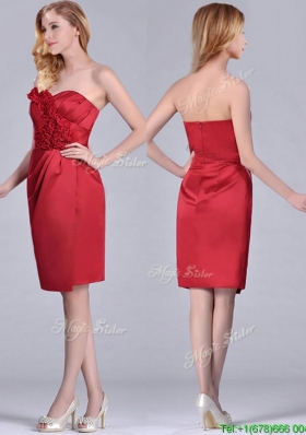 Low Price Red Column Satin Knee Length Prom Dress with Ruffles