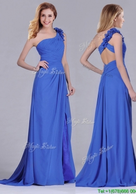 Modest Beaded and Applique Criss Cross Prom Dress with Brush Train