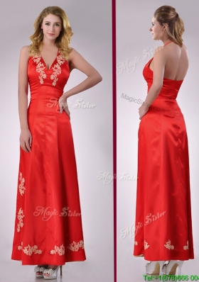 Modest Column Halter Top Backless Red Christmas Party  Dress with Appliques