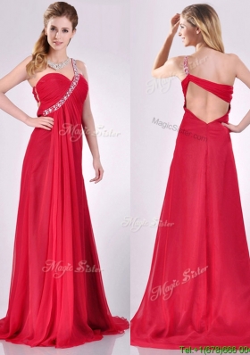 New Beaded Decorated One Shoulder Red Prom Dress with Brush Train