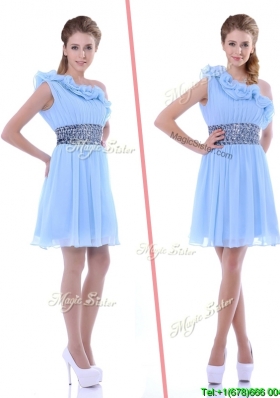 One Shoulder Light Blue Bridesmaid Dress with Beaded Decorated Waist and Ruffles