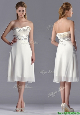 Popular Beaded Decorated Waist Chiffon Bridesmaid Dress in Tea Length