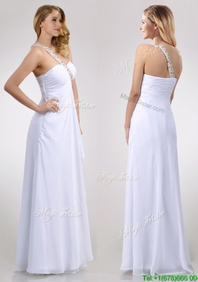 Popular Empire Chiffon Beaded Side Zipper White Bridesmaid Dress with One Shoulder
