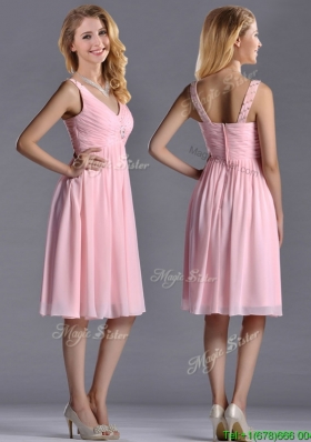 Popular Empire V Neck Baby Pink Short Bridesmaid Dress with Beading