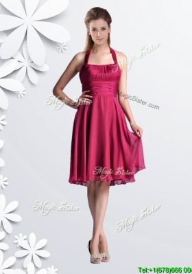 Popular Halter Top Chiffon Coral Red Bridesmaid Dress with Ruching