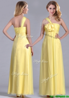 Popular One Shoulder Chiffon Yellow Bridesmaid Dress in Ankle Length