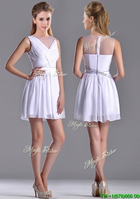 Popular See Through Scoop White Bridesmaid Dress with Ruching