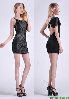 Sexy Criss Cross Beaded Black Short Prom Dress with One Shoulder