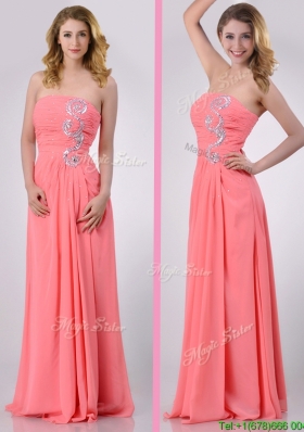 Watermelon Empire Strapless Chiffon Beading Long Prom Dress for Graduation